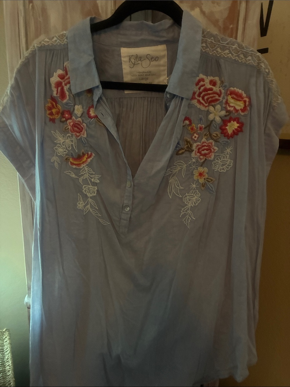 Embroidered Light Blue V-Neck Women's Blouse